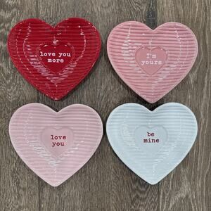 Set of 4 Heart Shaped Valentine 6.5” Appetizer Candy Plates Conversation Ceramic